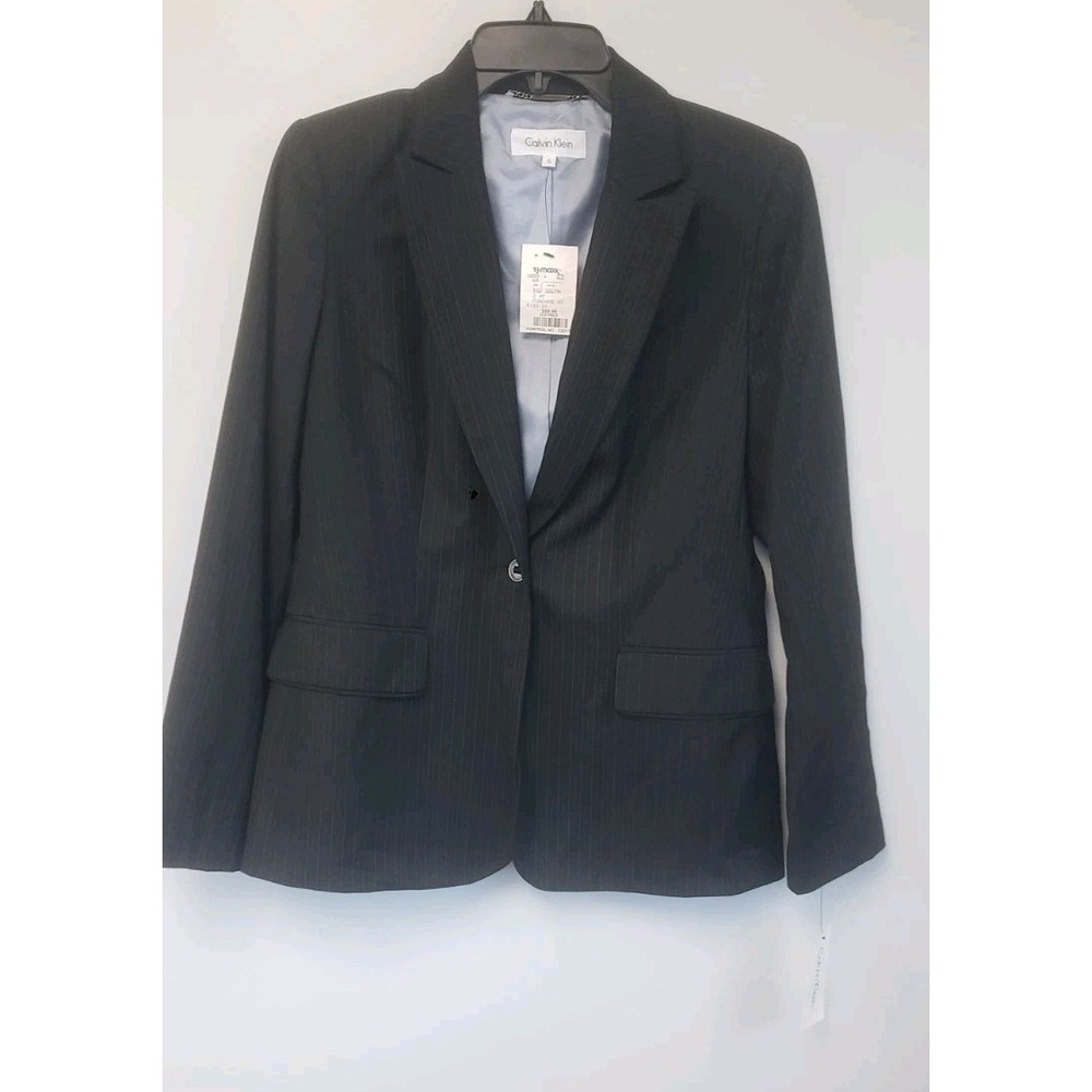 Calvin Klein Women's Grey Pinstripe One-Button Blazer Jacket Size 6 Jacket Only